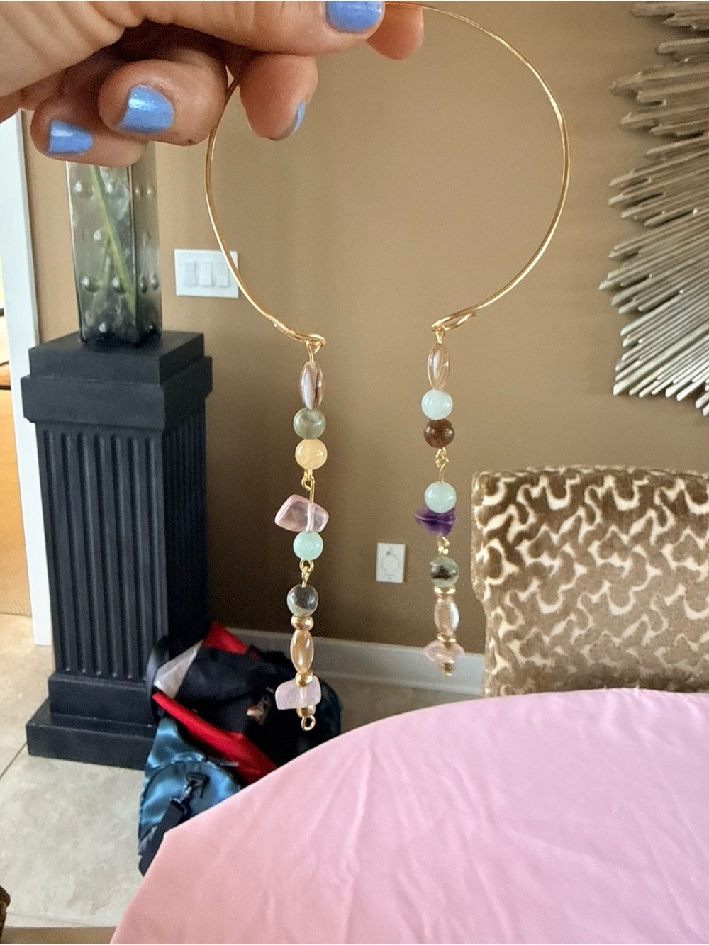Gold Hoop arm cuff with Multicolor Gem Bead Drops